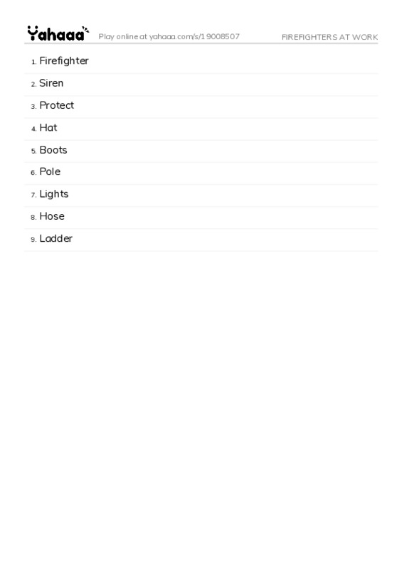 Word list with meanings worksheet for FIREFIGHTERS AT WORK