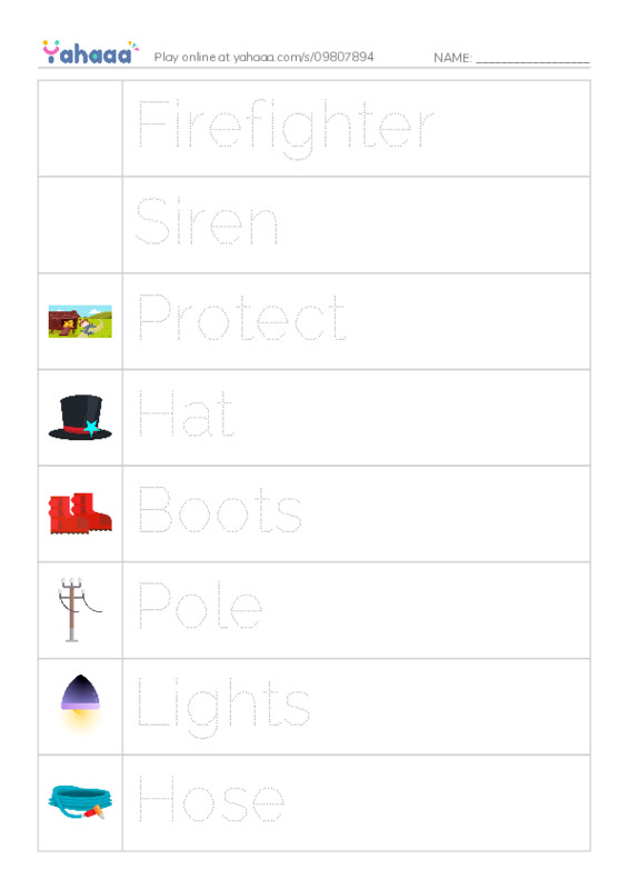 Picture and word rows worksheet for FIREFIGHTERS AT WORK