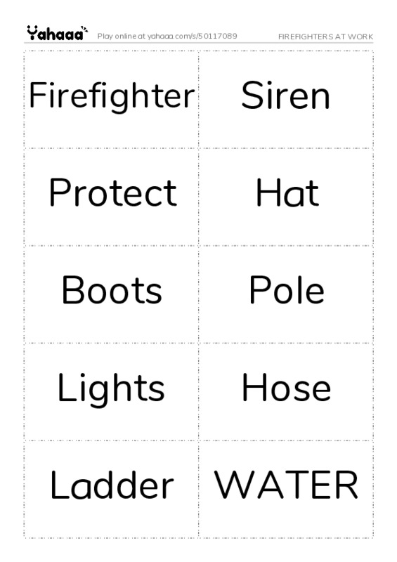 Word flashcards worksheet for FIREFIGHTERS AT WORK