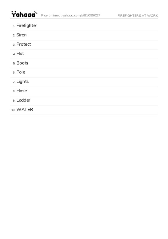 Word list with meanings worksheet for FIREFIGHTERS AT WORK
