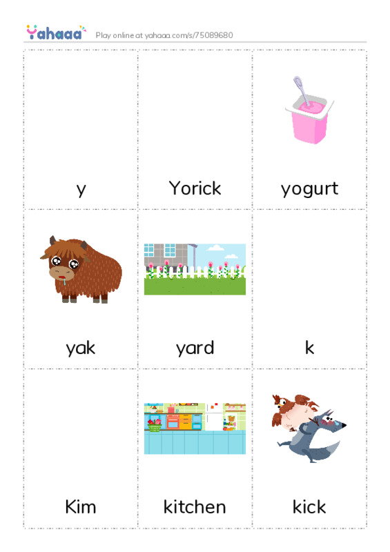 Picture flashcards worksheet for y, Yorick, yogurt and 7 more