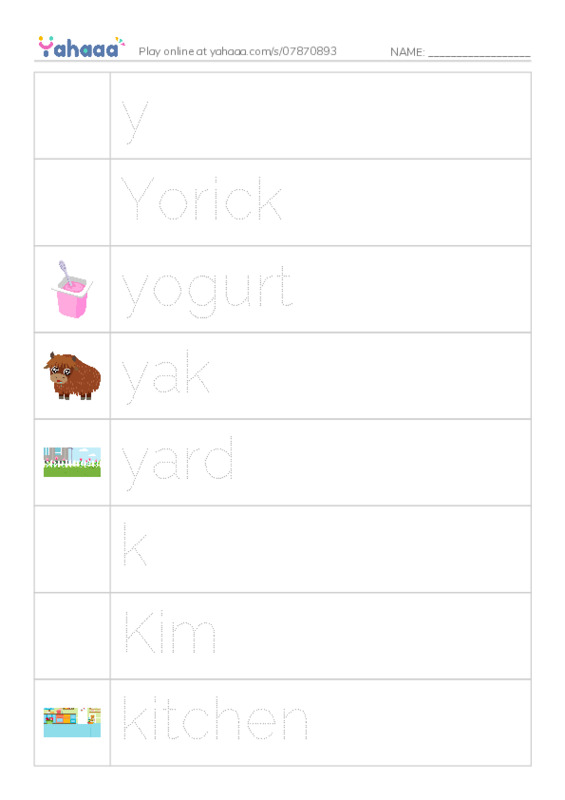 Picture and word rows worksheet for y, Yorick, yogurt and 7 more