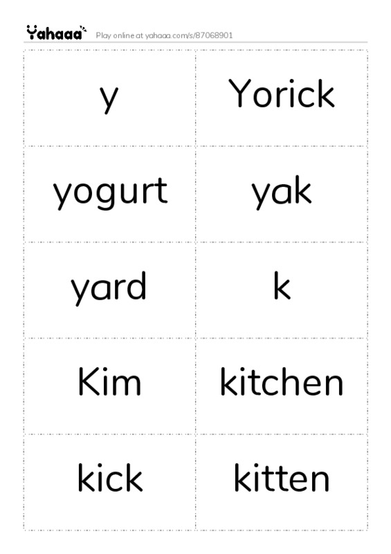 Word flashcards worksheet for y, Yorick, yogurt and 7 more