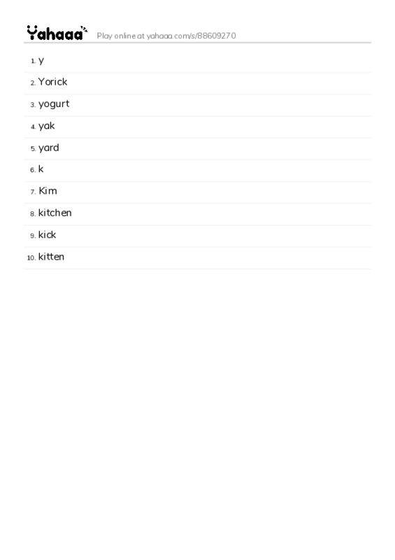 Word list with meanings worksheet for y, Yorick, yogurt and 7 more