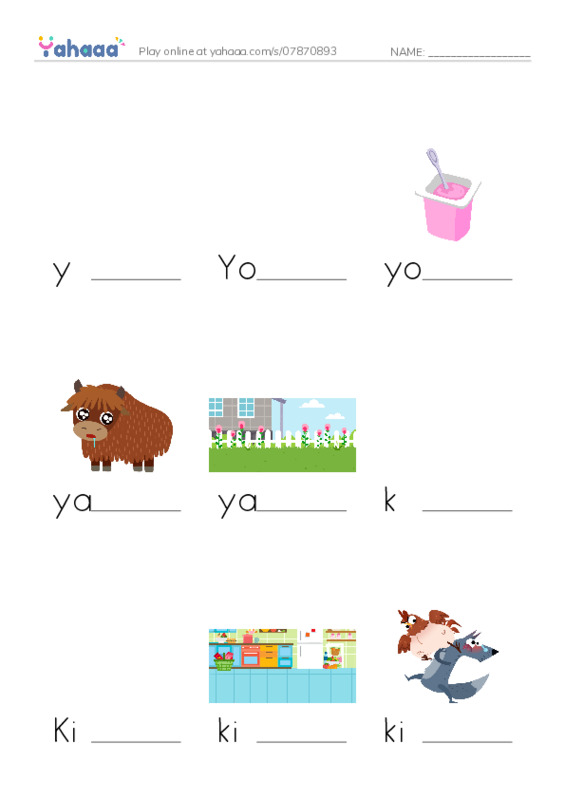 Finish the word worksheet for y, Yorick, yogurt and 7 more