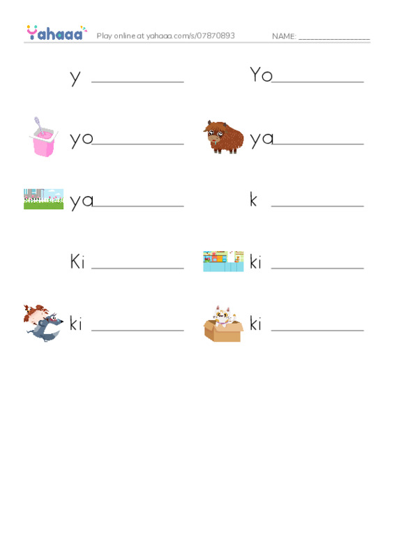 Write the word rows worksheet for y, Yorick, yogurt and 7 more