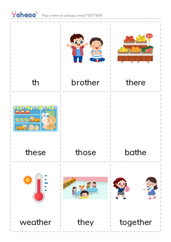 Picture flashcards worksheet for th, brother, there and 6 more