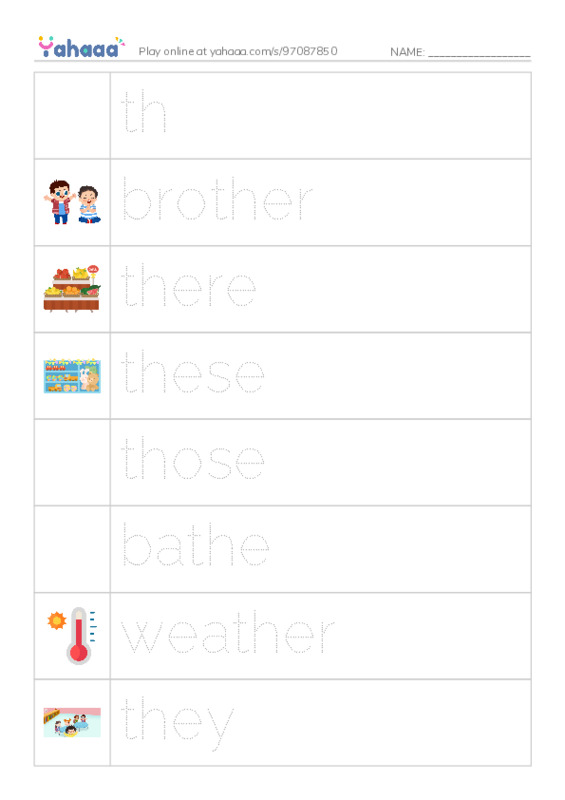 Picture and word rows worksheet for th, brother, there and 6 more