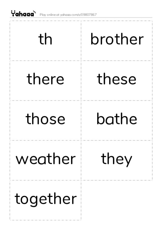 Word flashcards worksheet for th, brother, there and 6 more