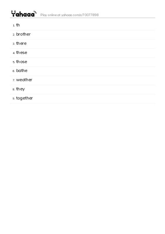 Word list with meanings worksheet for th, brother, there and 6 more