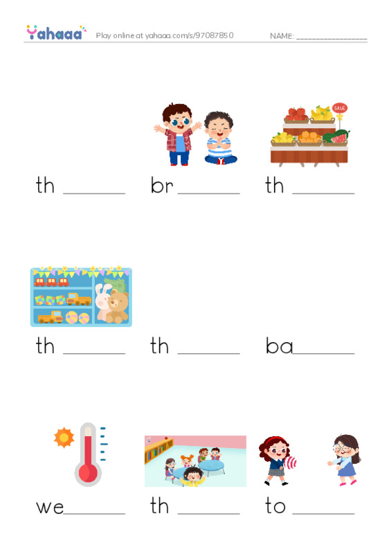Finish the word worksheet for th, brother, there and 6 more