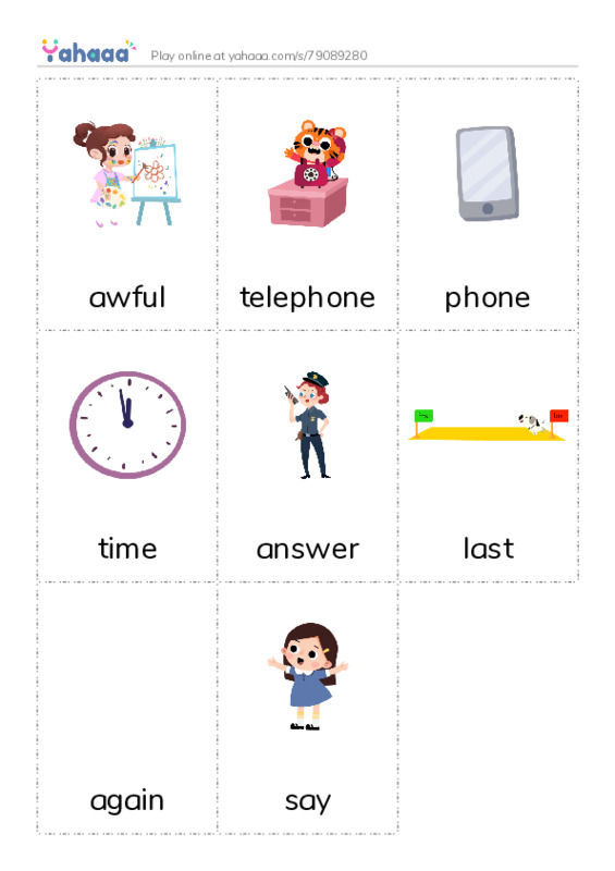 Picture flashcards worksheet for awful, telephone, phone and 5 more