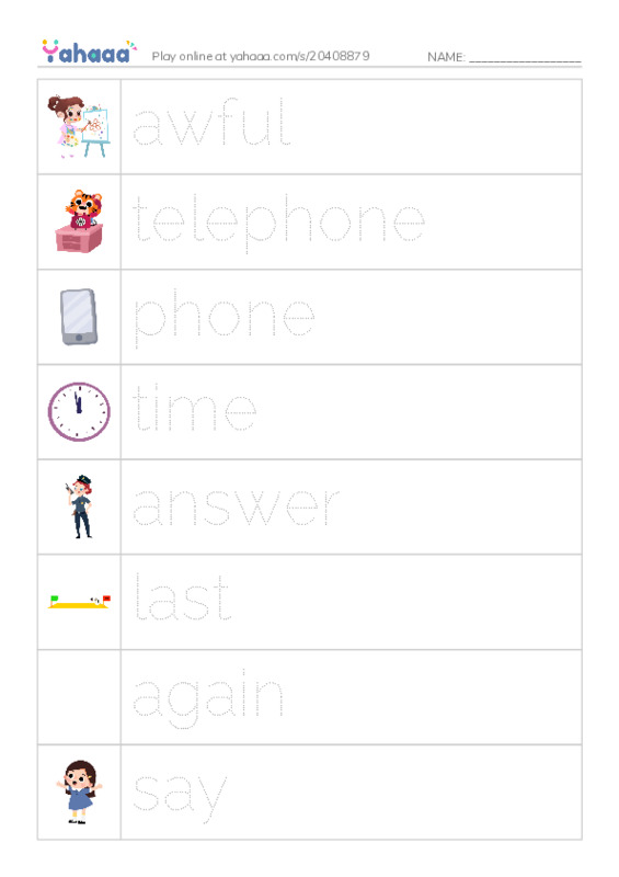 Picture and word rows worksheet for awful, telephone, phone and 5 more