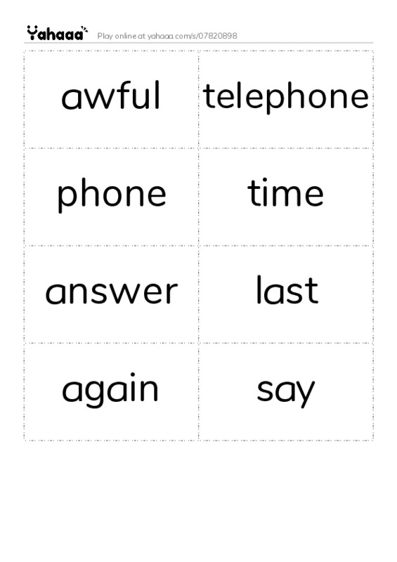 Word flashcards worksheet for awful, telephone, phone and 5 more