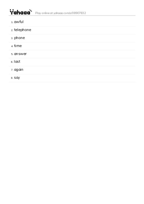 Word list with meanings worksheet for awful, telephone, phone and 5 more