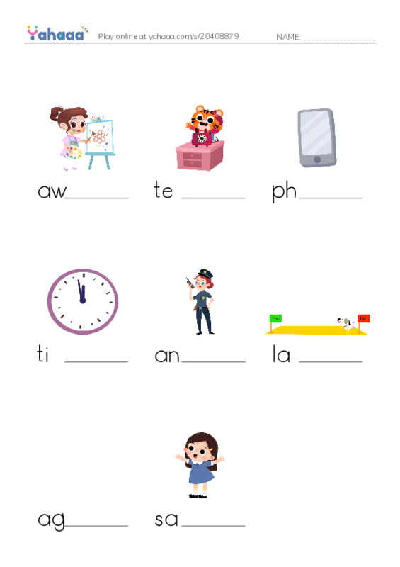 Finish the word worksheet for awful, telephone, phone and 5 more