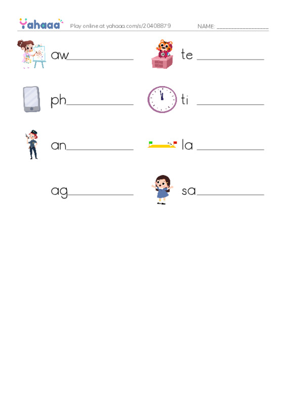 Write the word rows worksheet for awful, telephone, phone and 5 more