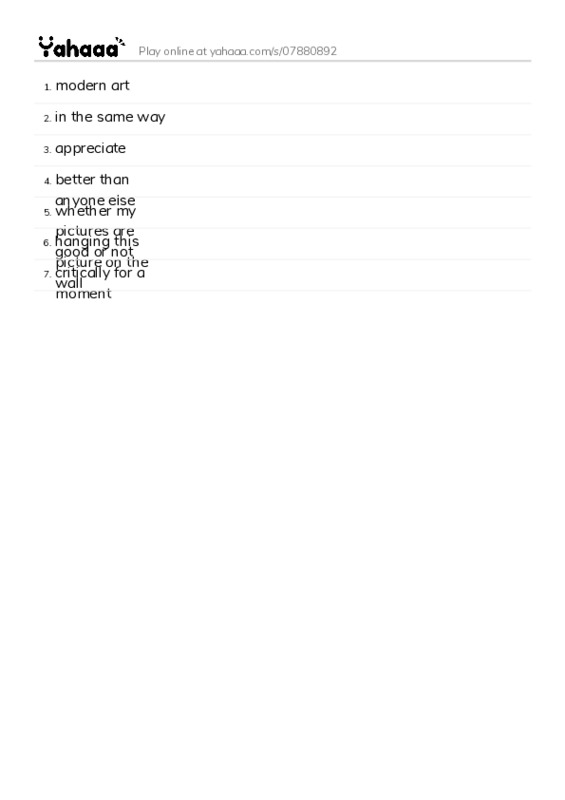 Word list with meanings worksheet for modern art, in the same way, appreciate and 4 more