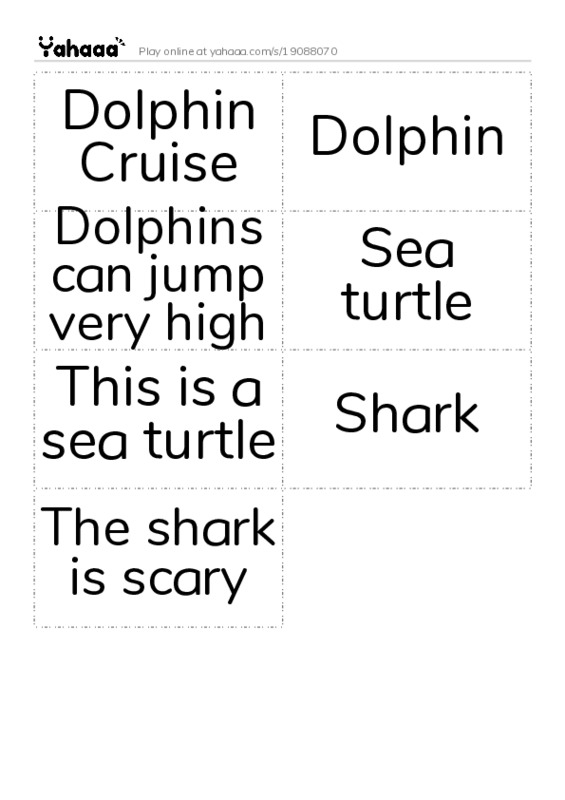 Word flashcards worksheet for Dolphin Cruise, Dolphin, Dolphins can jump very high and 4 more