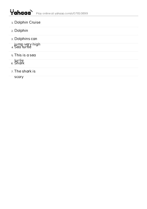 Word list with meanings worksheet for Dolphin Cruise, Dolphin, Dolphins can jump very high and 4 more