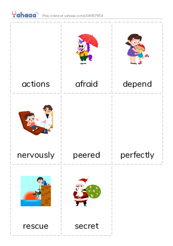 Picture flashcards worksheet for actions, afraid, depend and 5 more