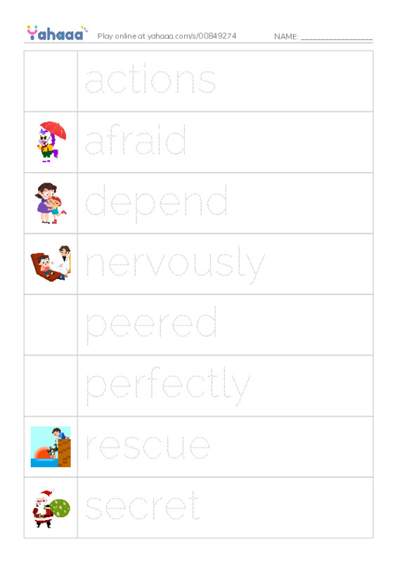 Picture and word rows worksheet for actions, afraid, depend and 5 more