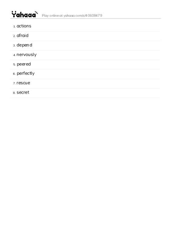 Word list with meanings worksheet for actions, afraid, depend and 5 more
