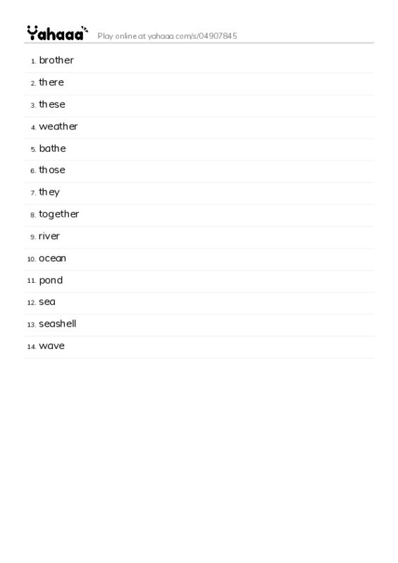 Word list with meanings worksheet for brother, there, these and 11 more