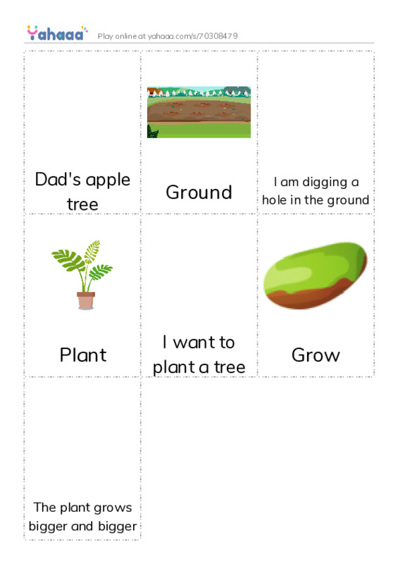 Picture flashcards worksheet for Dad's apple tree, Ground, I am digging a hole in the ground and 4 more