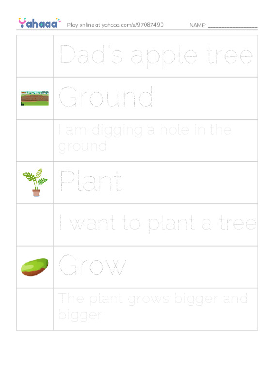 Picture and word rows worksheet for Dad's apple tree, Ground, I am digging a hole in the ground and 4 more