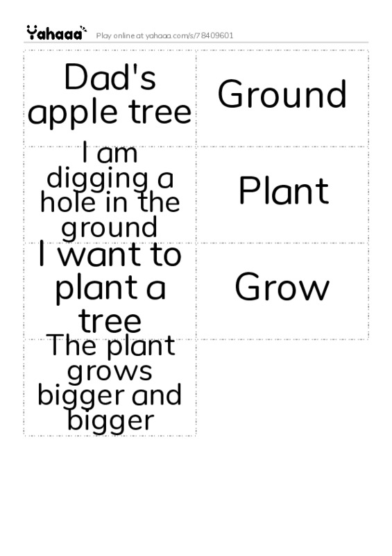 Word flashcards worksheet for Dad's apple tree, Ground, I am digging a hole in the ground and 4 more
