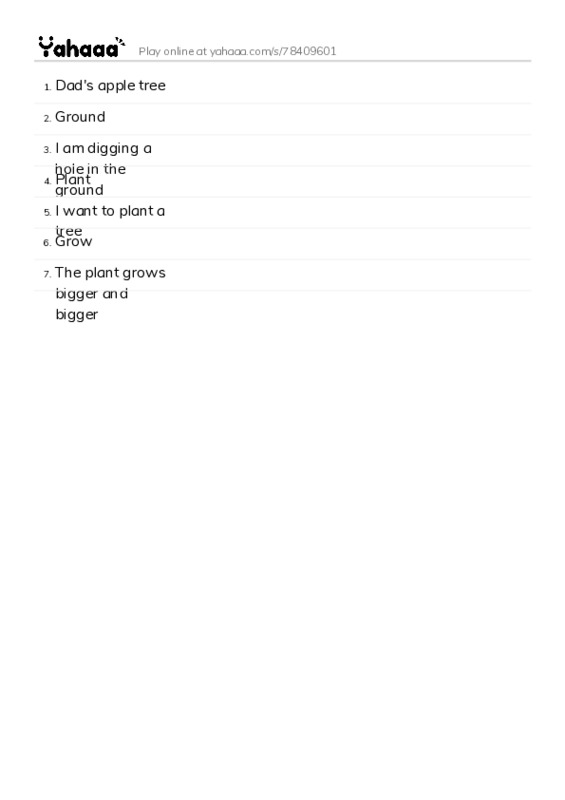 Word list with meanings worksheet for Dad's apple tree, Ground, I am digging a hole in the ground and 4 more