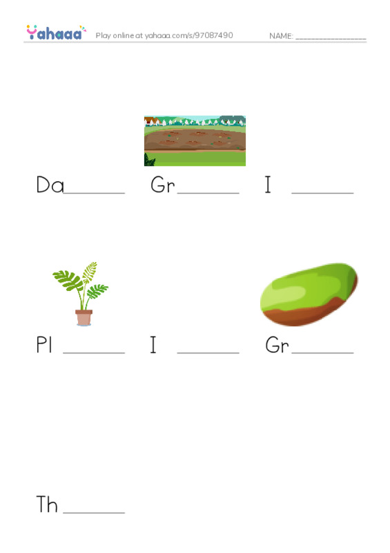 Finish the word worksheet for Dad's apple tree, Ground, I am digging a hole in the ground and 4 more