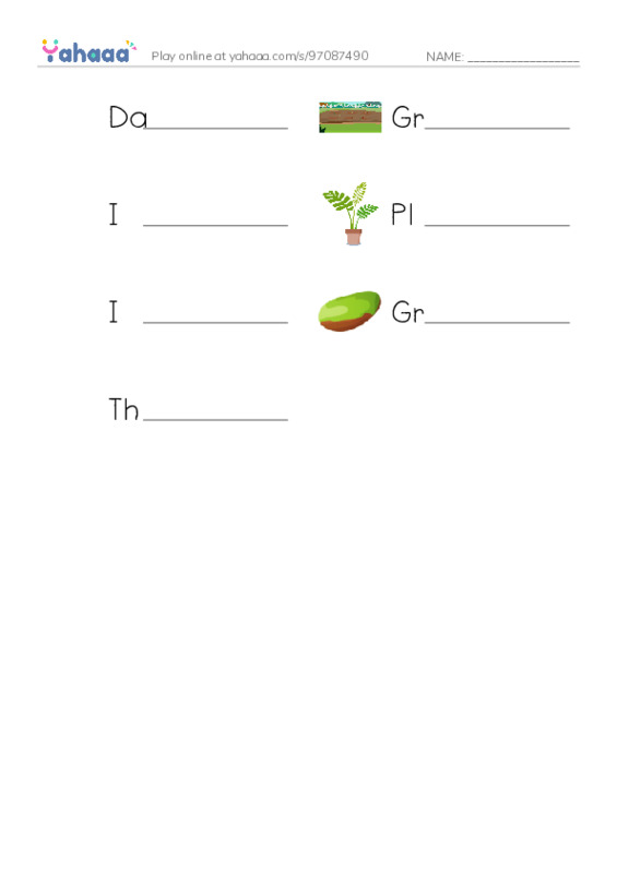 Write the word rows worksheet for Dad's apple tree, Ground, I am digging a hole in the ground and 4 more