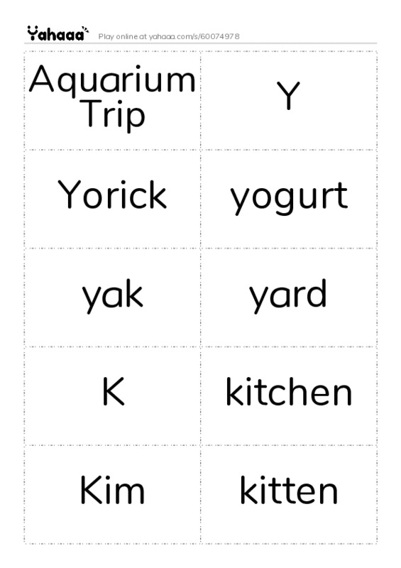 Word flashcards worksheet for Aquarium Trip, Y, Yorick and 14 more