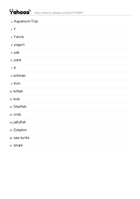 Word list with meanings worksheet for Aquarium Trip, Y, Yorick and 14 more