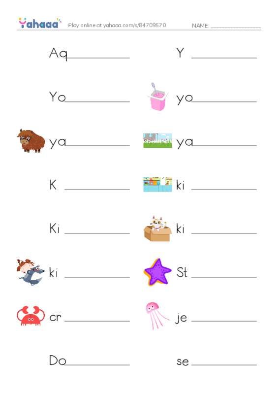 Write the word rows worksheet for Aquarium Trip, Y, Yorick and 14 more