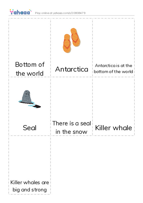 Picture flashcards worksheet for Bottom of the world, Antarctica, Antarctica is at the bottom of the world and 4 more