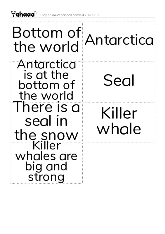 Word flashcards worksheet for Bottom of the world, Antarctica, Antarctica is at the bottom of the world and 4 more
