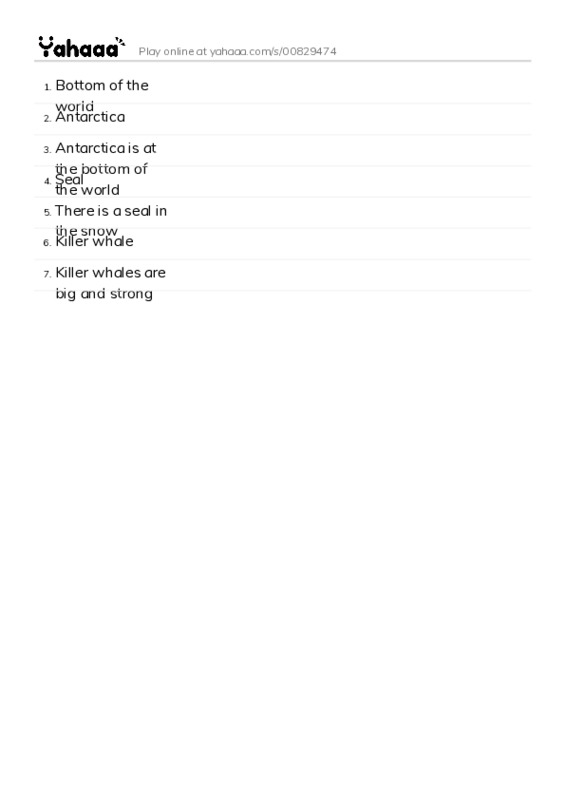 Word list with meanings worksheet for Bottom of the world, Antarctica, Antarctica is at the bottom of the world and 4 more