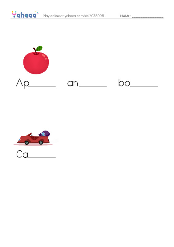 Finish the word worksheet for a,b,c
