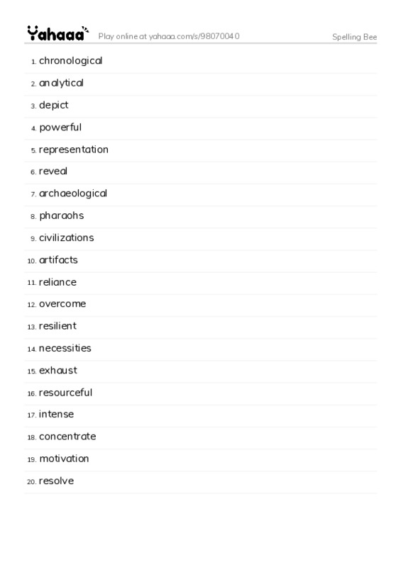 Word list with meanings worksheet for Spelling Bee