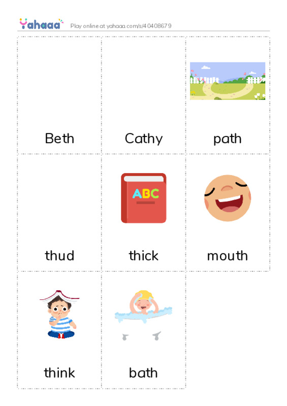 Picture flashcards worksheet for Beth, Cathy, path and 5 more