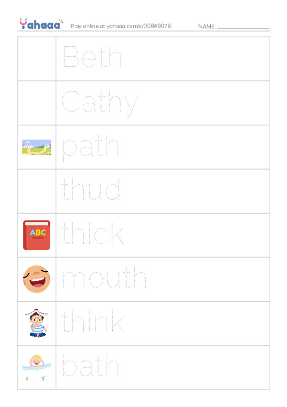 Picture and word rows worksheet for Beth, Cathy, path and 5 more