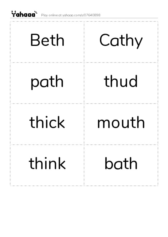 Word flashcards worksheet for Beth, Cathy, path and 5 more