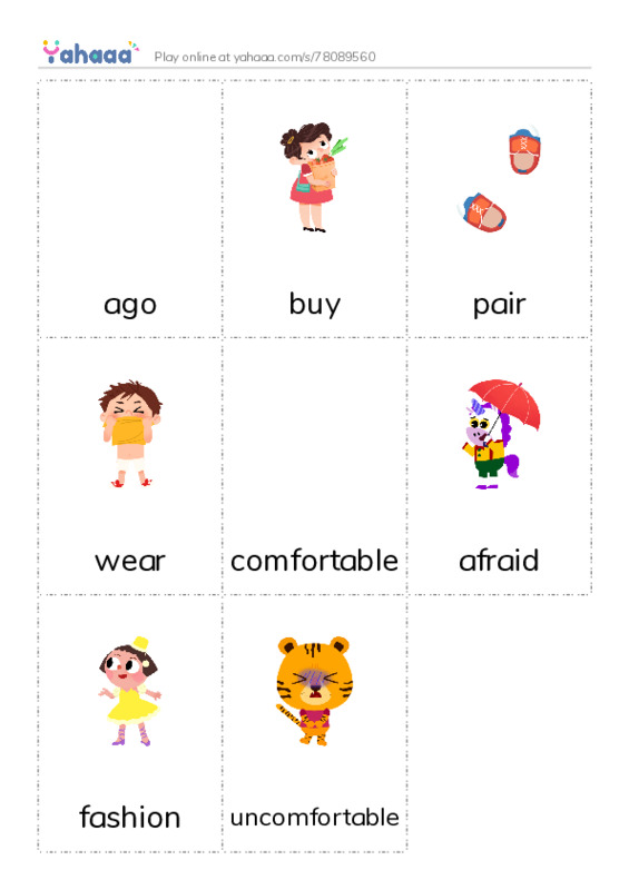 Picture flashcards worksheet for ago, buy, pair and 5 more