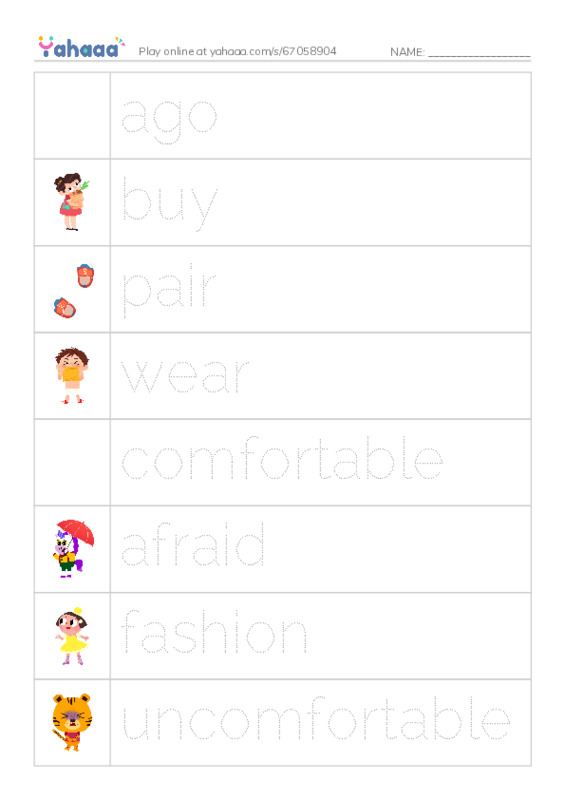 Picture and word rows worksheet for ago, buy, pair and 5 more