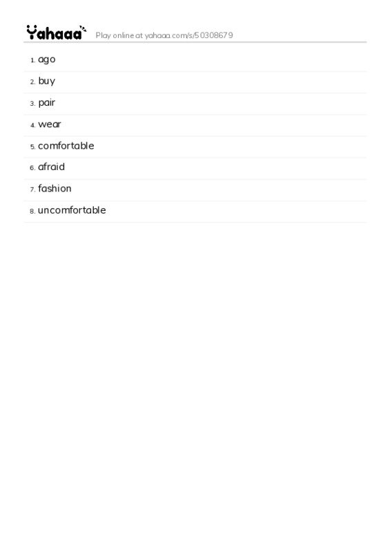 Word list with meanings worksheet for ago, buy, pair and 5 more