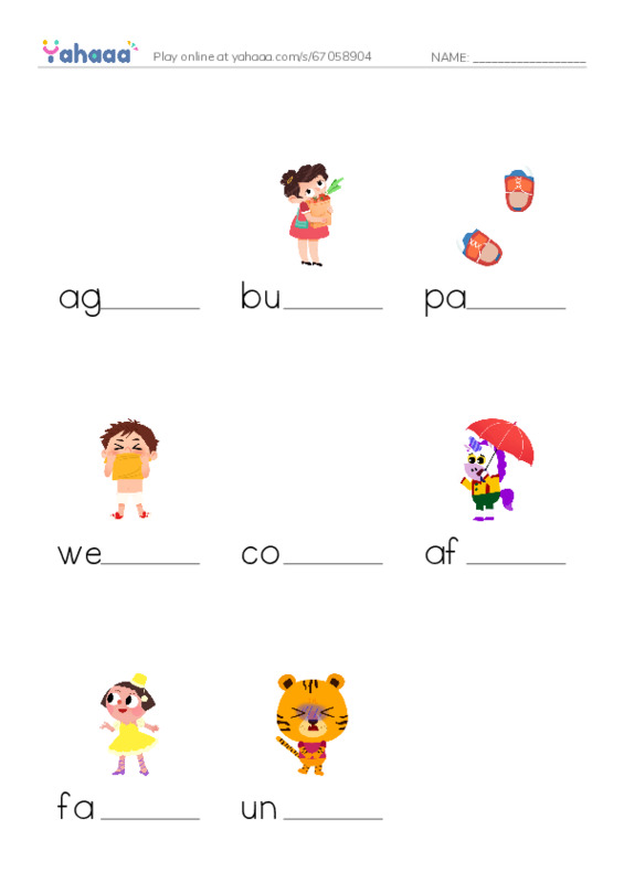 Finish the word worksheet for ago, buy, pair and 5 more