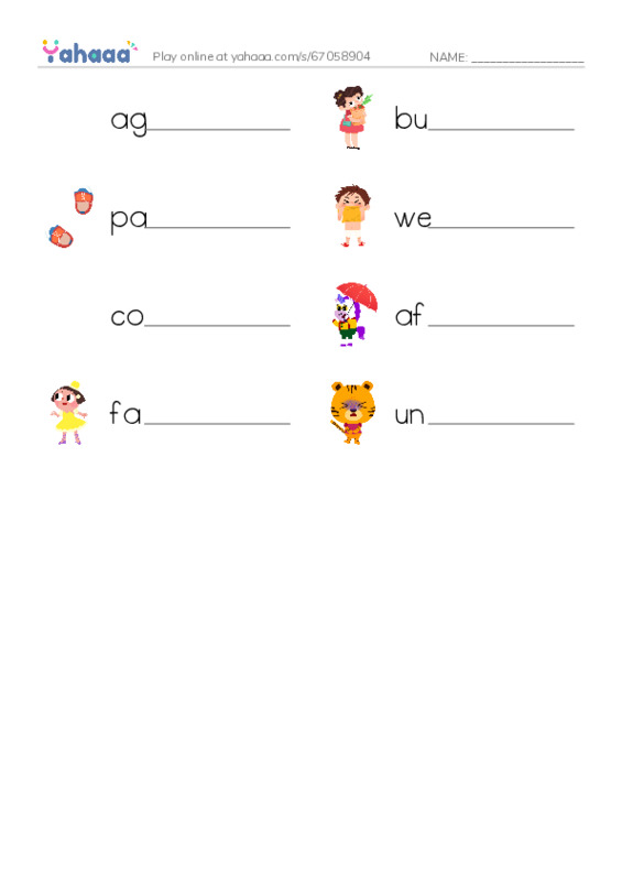 Write the word rows worksheet for ago, buy, pair and 5 more